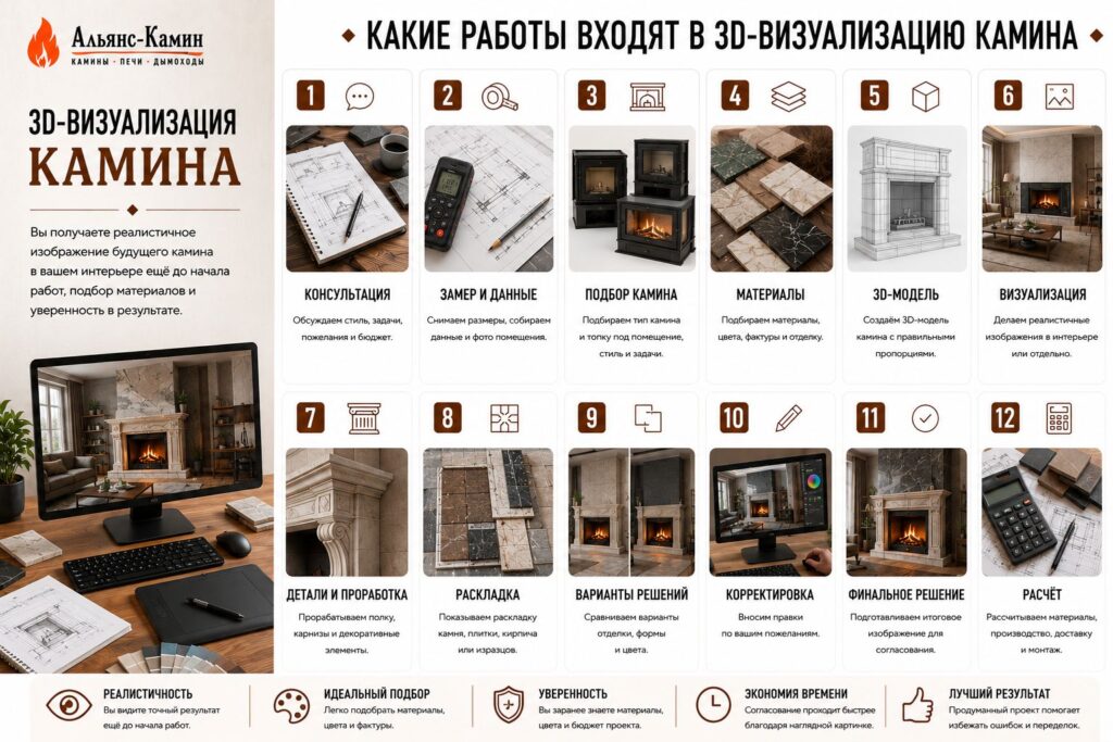 3D-визуализация камина в интерьере
