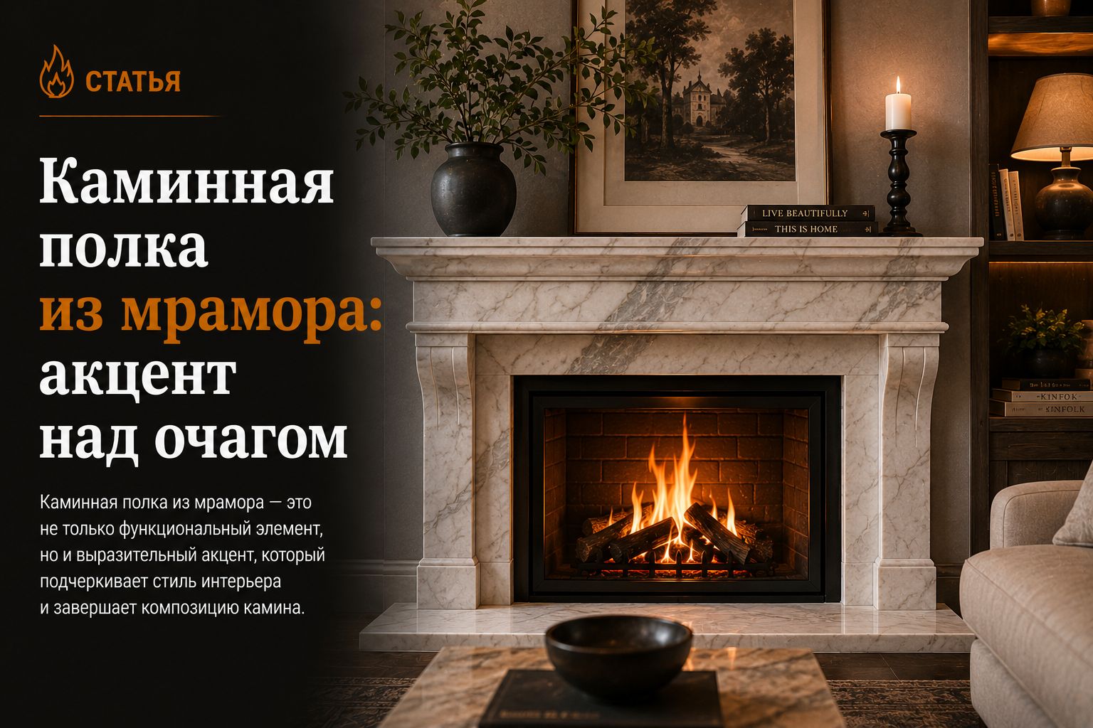 Каминная полка из мрамора: акцент над очагом
