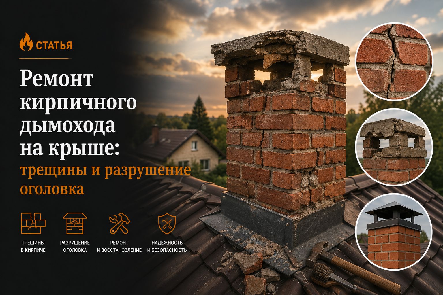 Ремонт кирпичного дымохода на крыше: трещины и разрушение оголовка