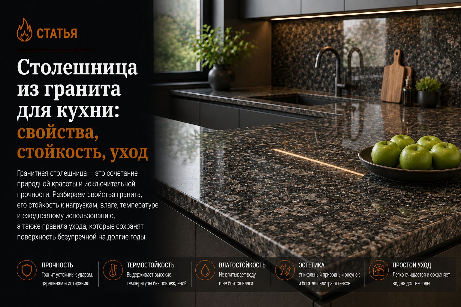 Столешница из гранита для кухни: свойства, стойкость, уход