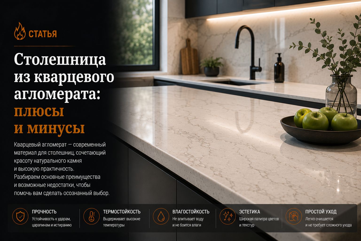 Столешница из кварцевого агломерата: плюсы и минусы