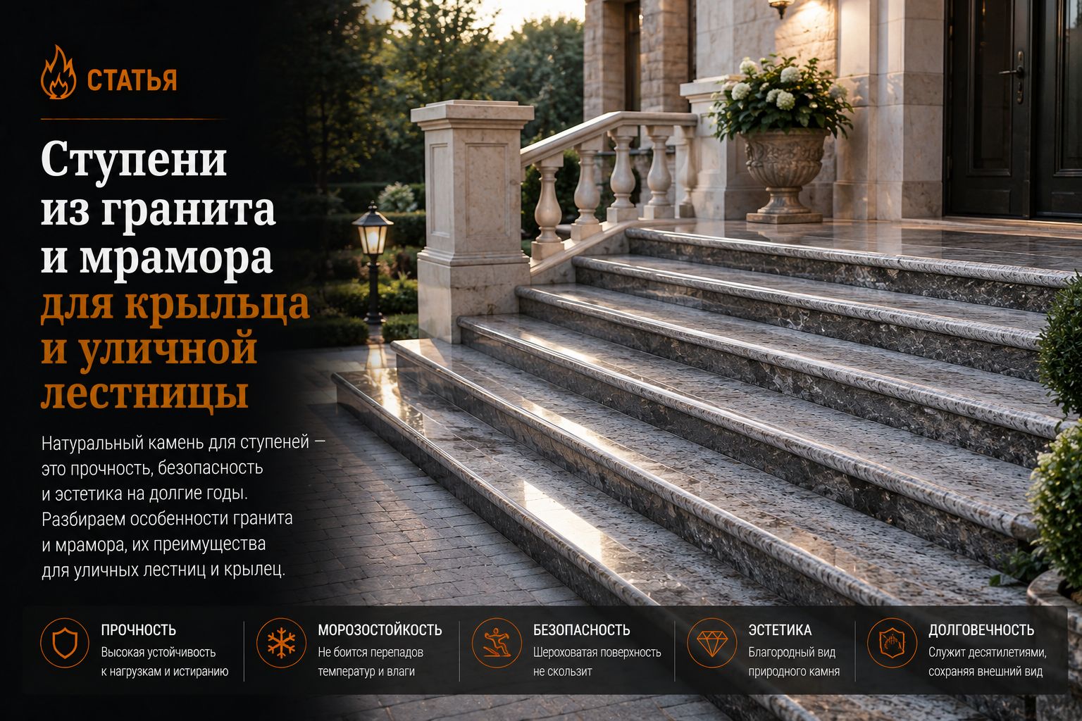Ступени из гранита и мрамора для крыльца и уличной лестницы